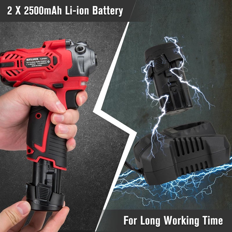 KITLUCK Cordless Buffer Polisher, 12V Mini Wax Buffer & Sander with 2 X 2.5Ah Battery & Charger, 1/2/3" Backing Plate, 40pcs Polishing Pads, Variable Speed for Car Detailing/Buffing/Sanding/Waxing - Image 5